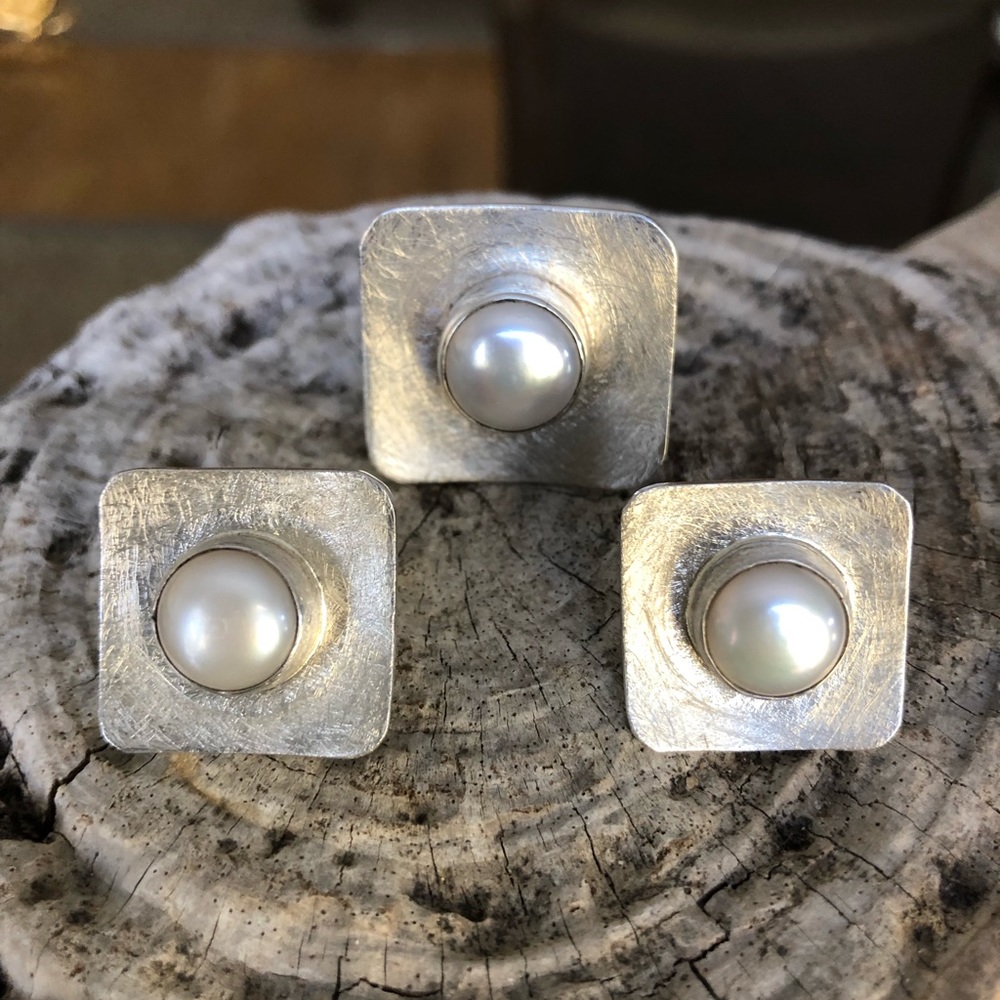 Handmade sterling earrings and ring with pearls